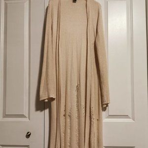 Cream Open-Front Distressed Duster Cardigan